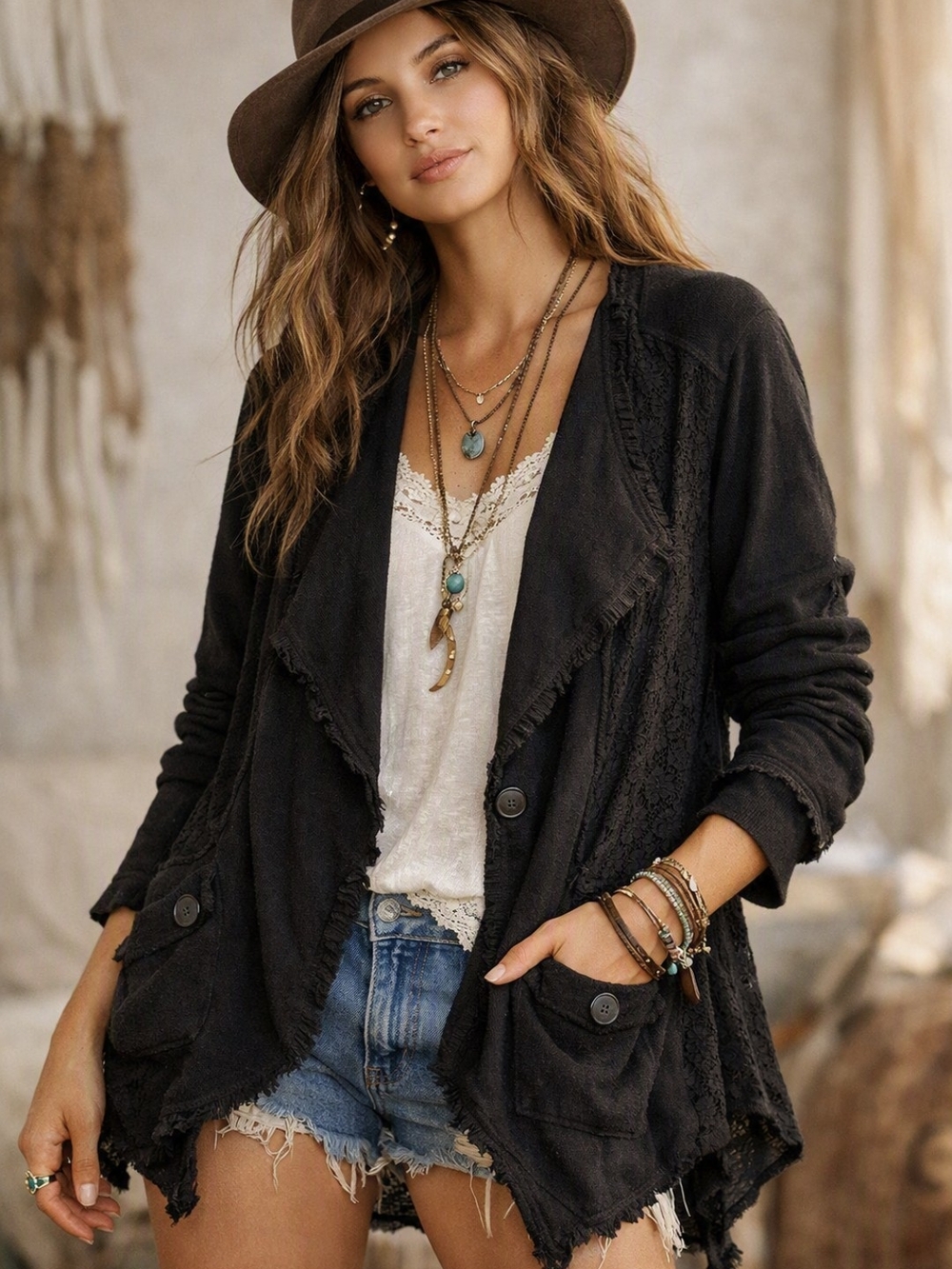 Free People Boho Black Cotton Lace Cardigan Sweater Cottagecore CasualSize Large